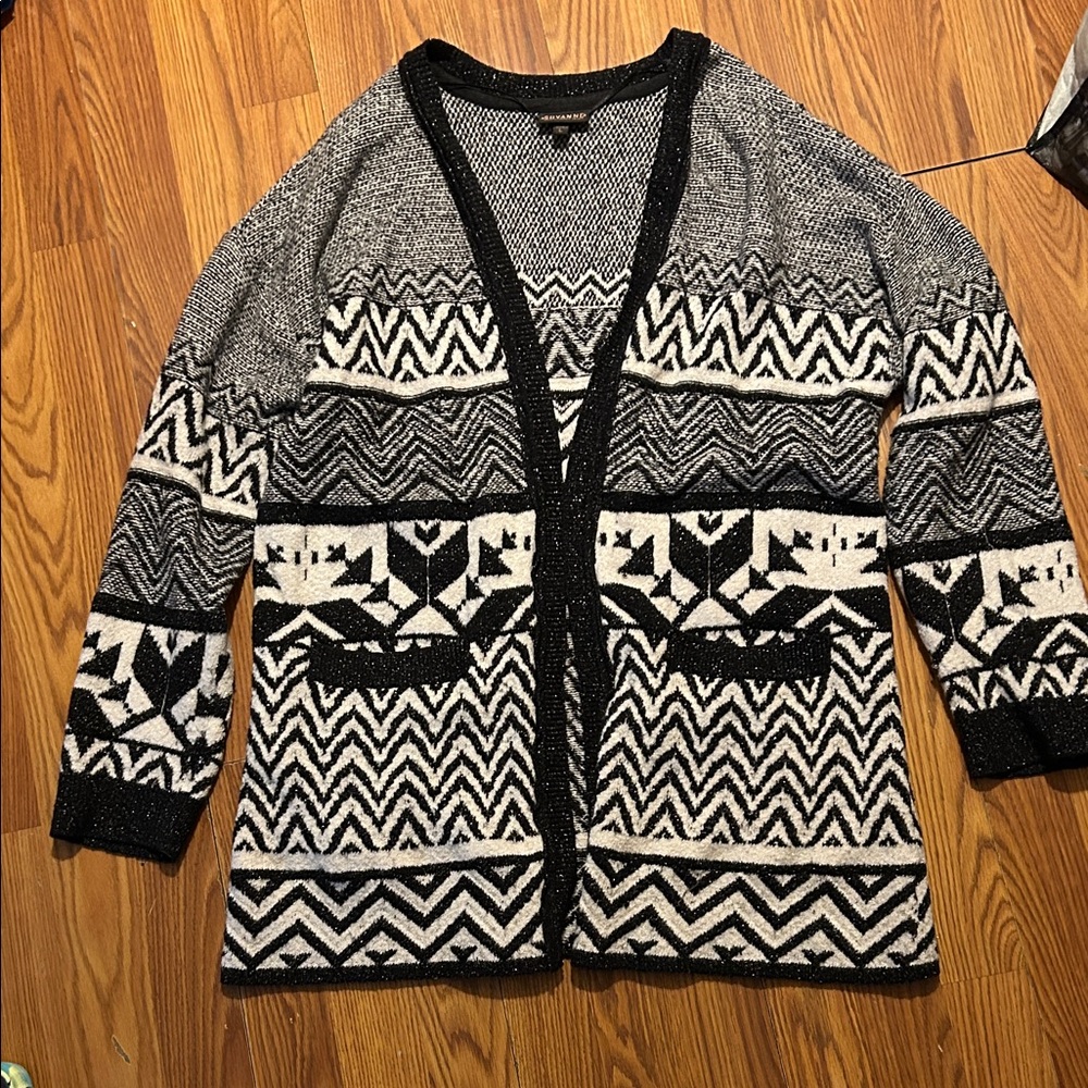 Navy & White Western Patterned Open Cardigan Sweater